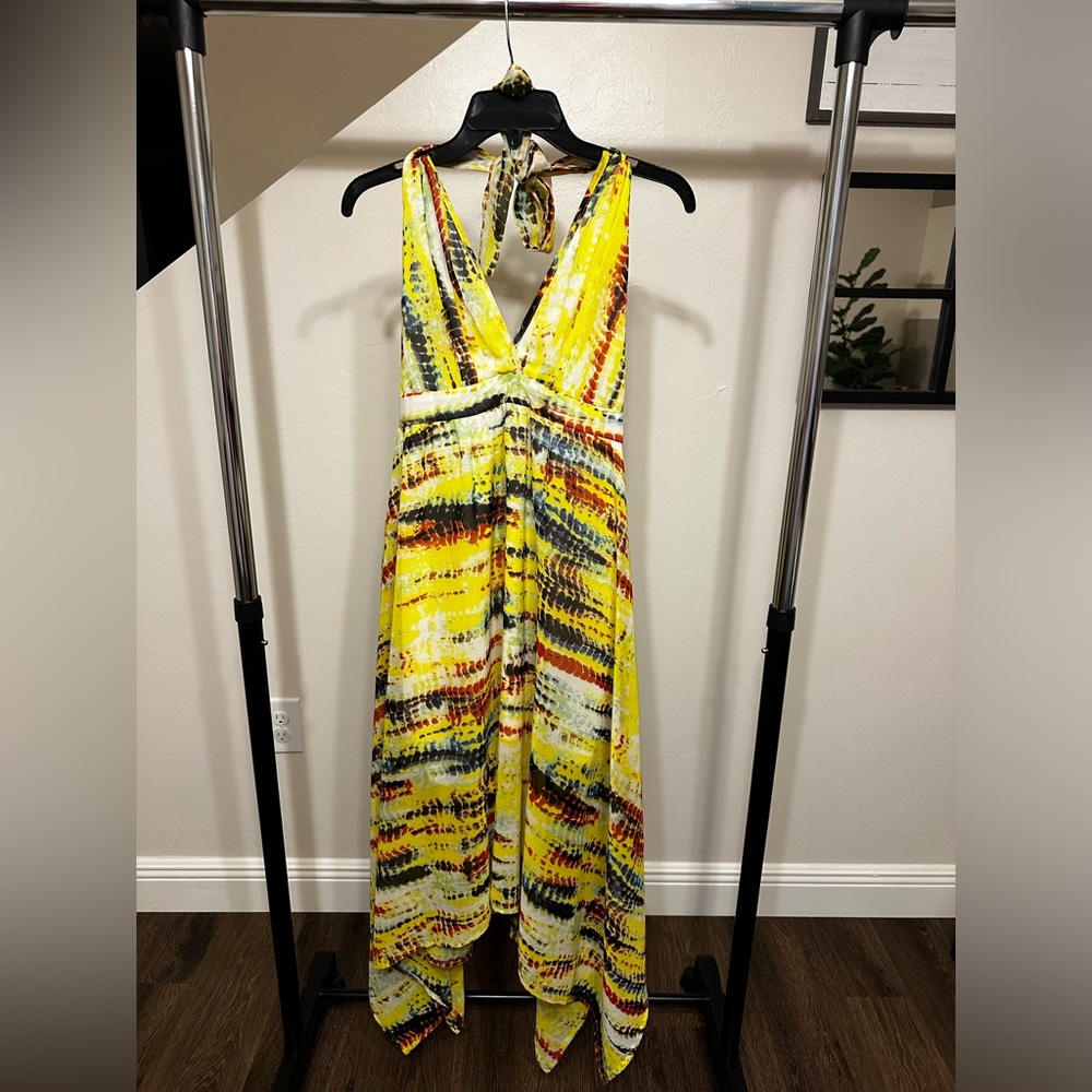 Truth NYC Brand Yellow and Orange Halter Dress with Flowy Handkerchief bottom